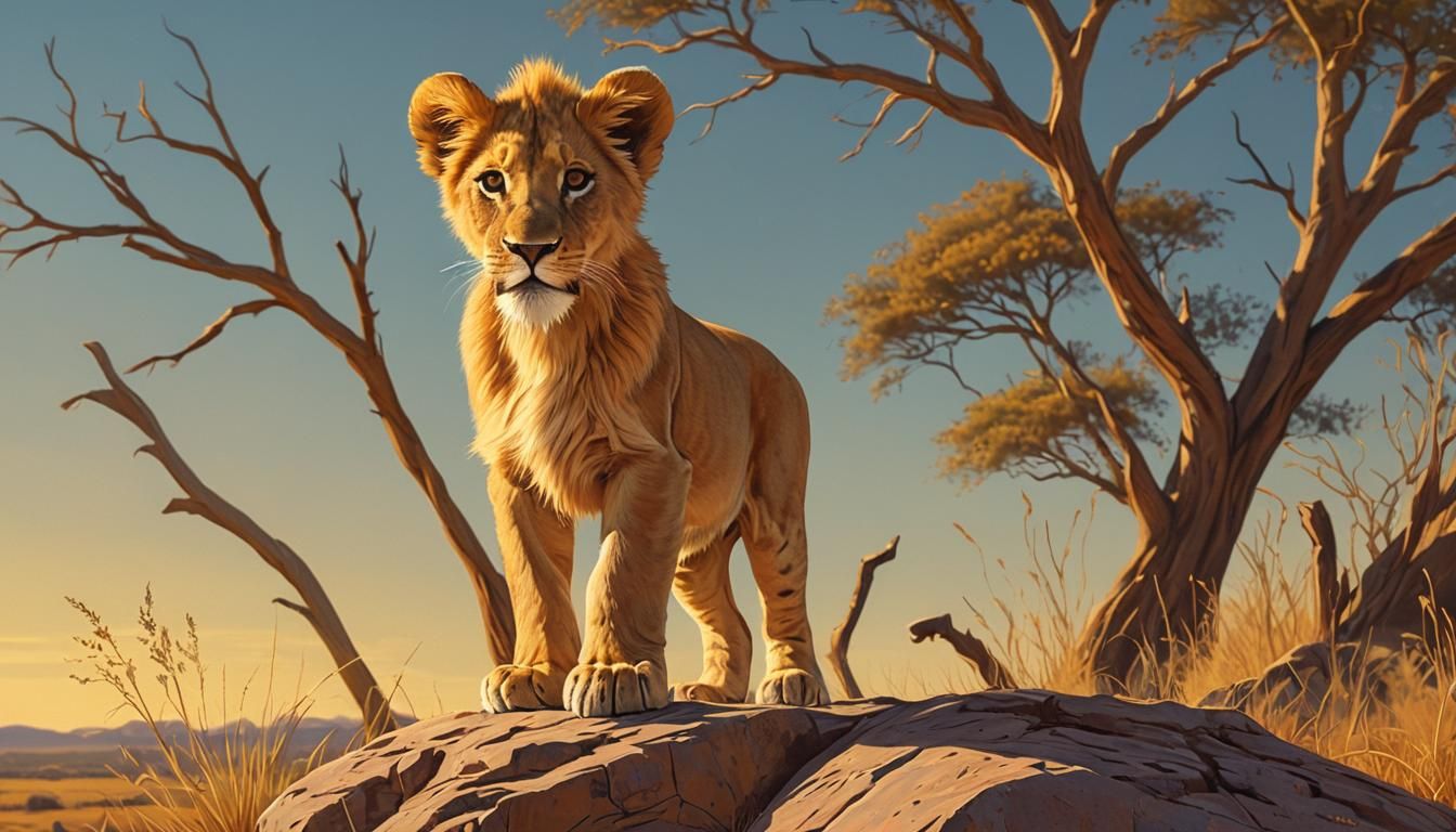 Lion Cub's Savannah Vista: A Digital Wildlife Painting