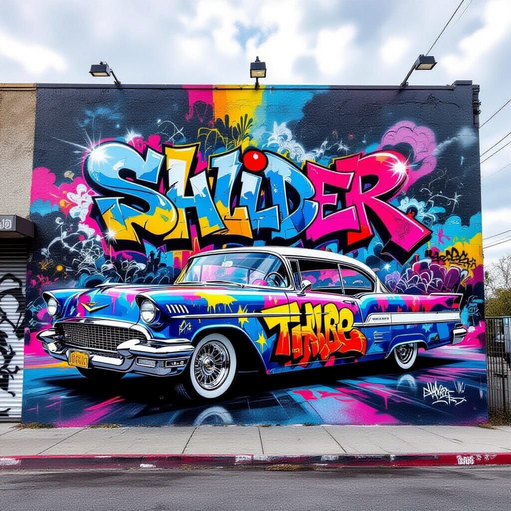 Vibrant Lowrider Graffiti Mural in Polychromatic Colors