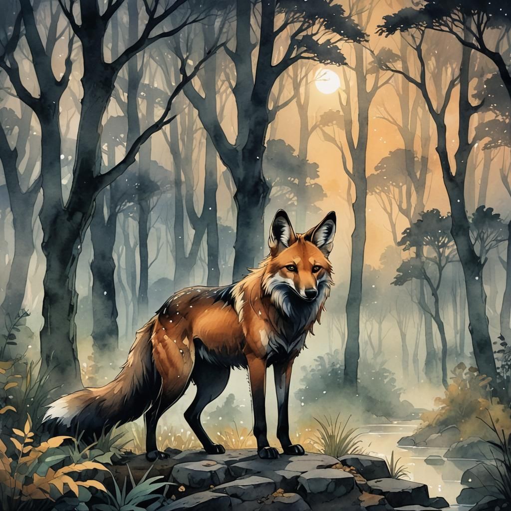 Elegant Maned Wolf in Misty Forest, Manga Style