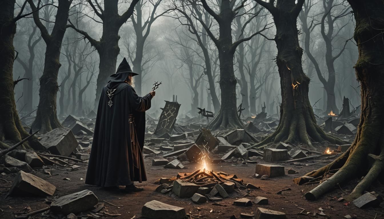 Wizard Casting Runes in Dark Forest Ruins