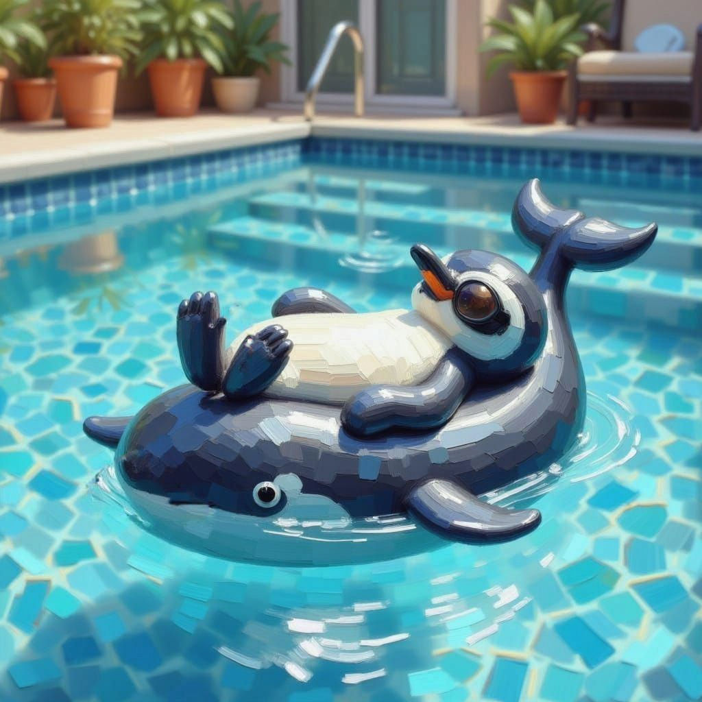 Penguin Relaxing on Killer Whale Floaty