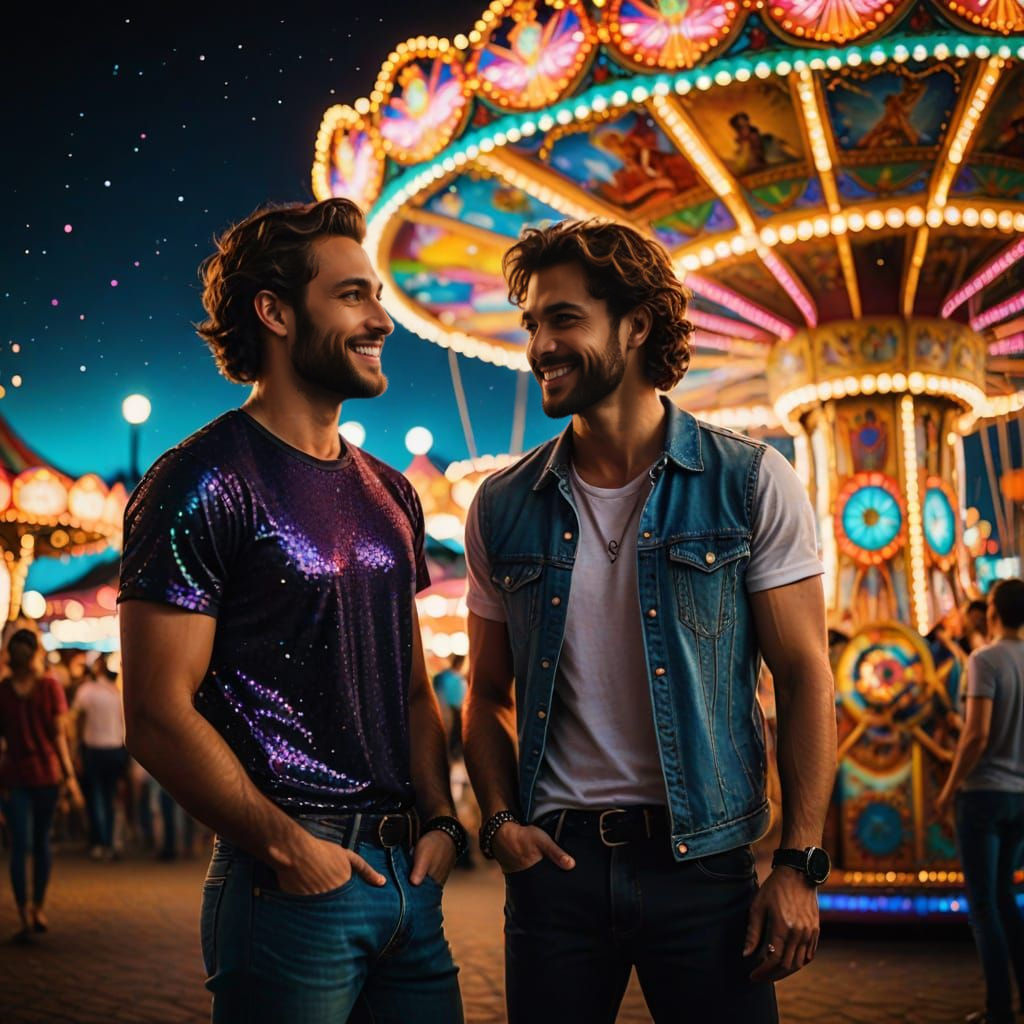Gay Lovers Share Tender Moment in Vibrant Carnival at Night