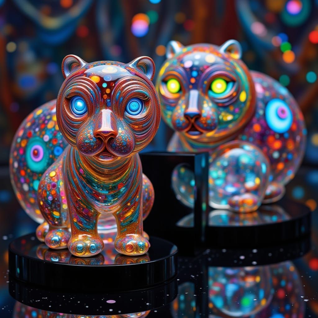 Psychedelic Glass Tiger Sculptures on Obsidian Pillars