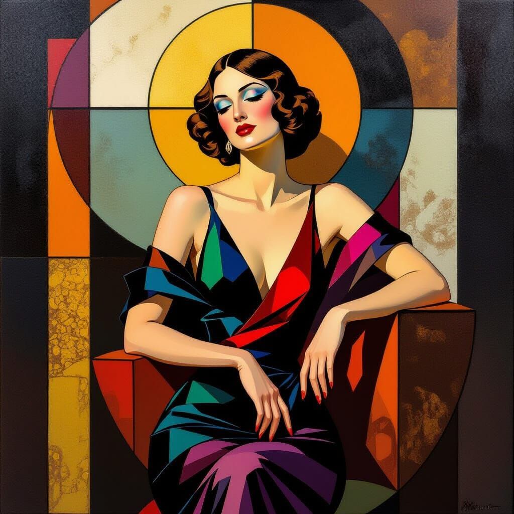 Elegant Woman in Art Deco Neo-Cubist Style