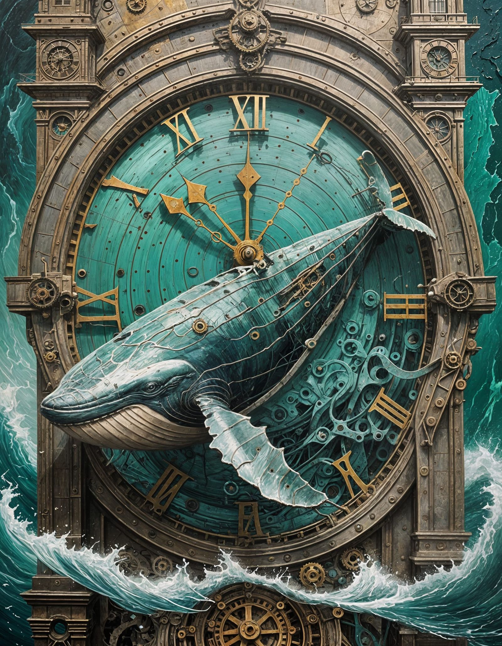Whale Swims Through Clocktower Gears in Impasto Painting