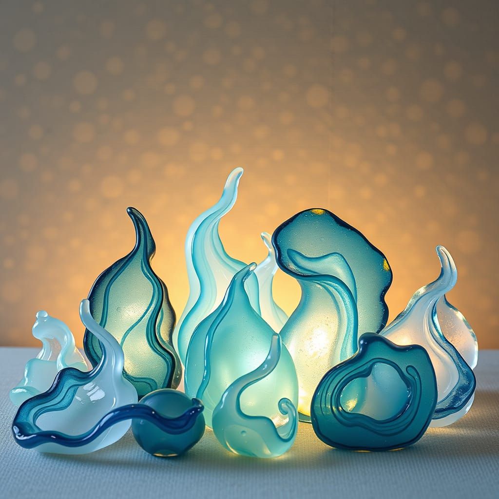 Intricate Sea Glass Sculptures Glistening in Soft Light