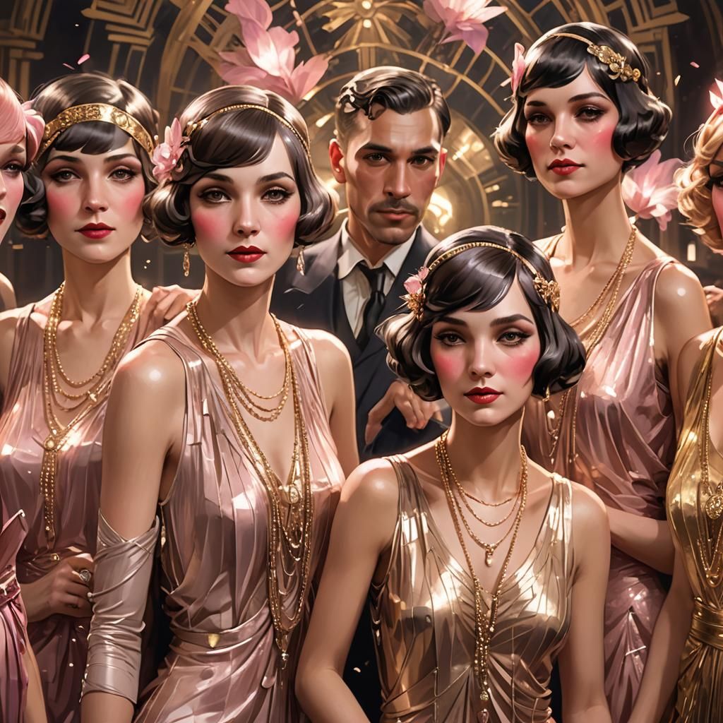Flapper Girls in Pink and Gold, Art Nouveau Portrait