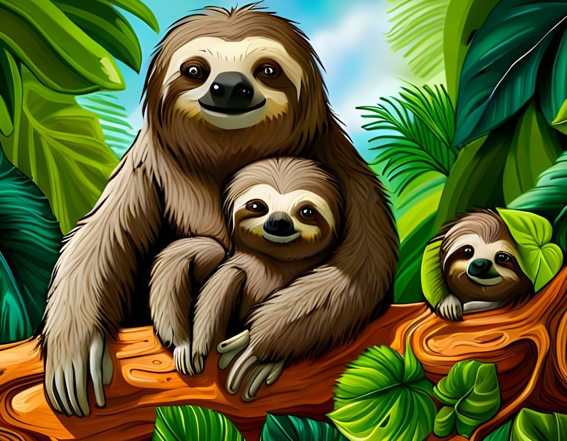 Detailed Sloth Family Portrait in Tropical Setting