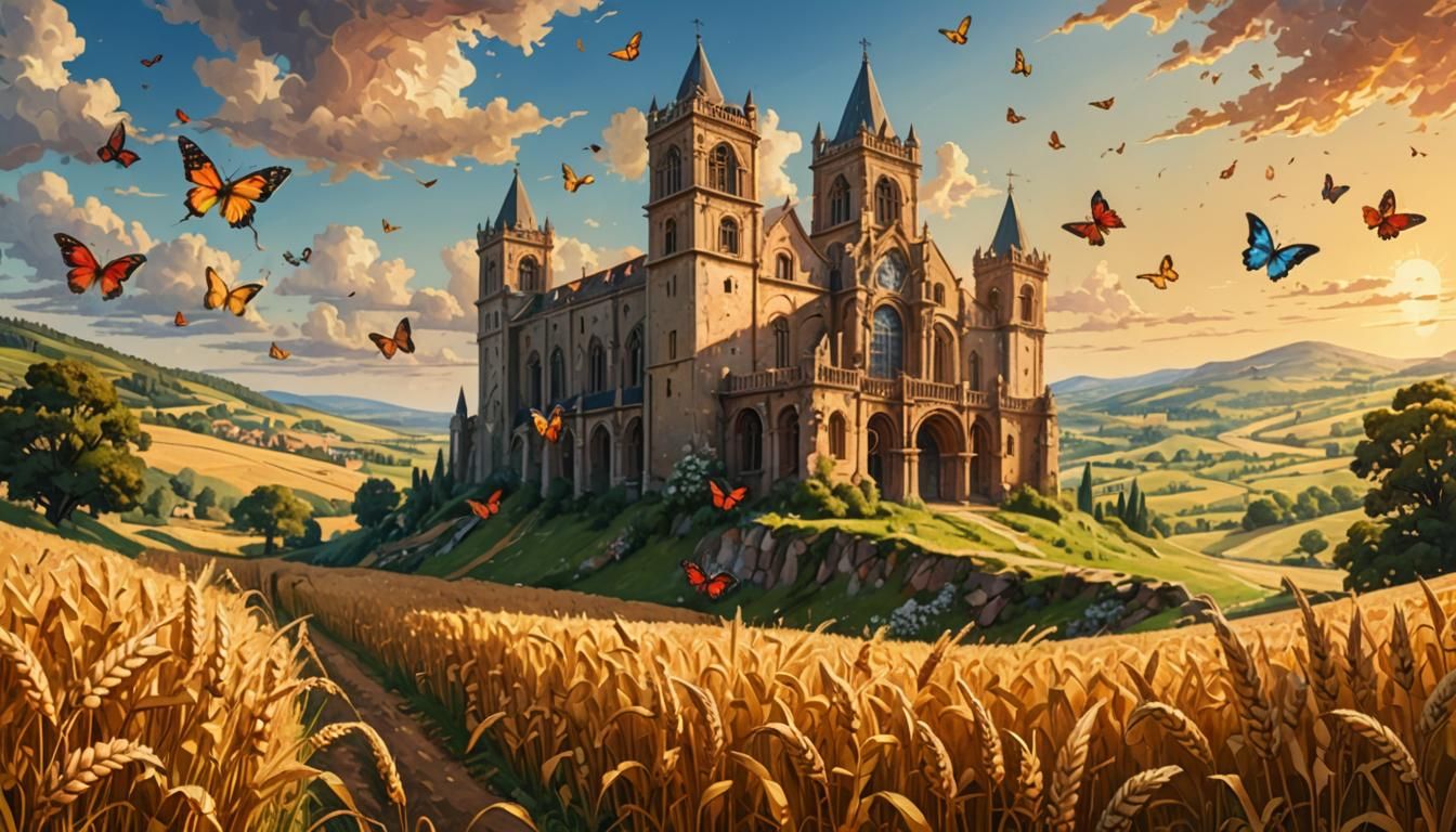 Abbey Ruins Overlook Wheat Fields: Baroque Oil Painting