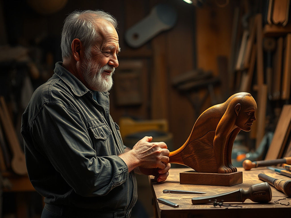Craftsman Admiring Wooden Masterpiece in Workshop