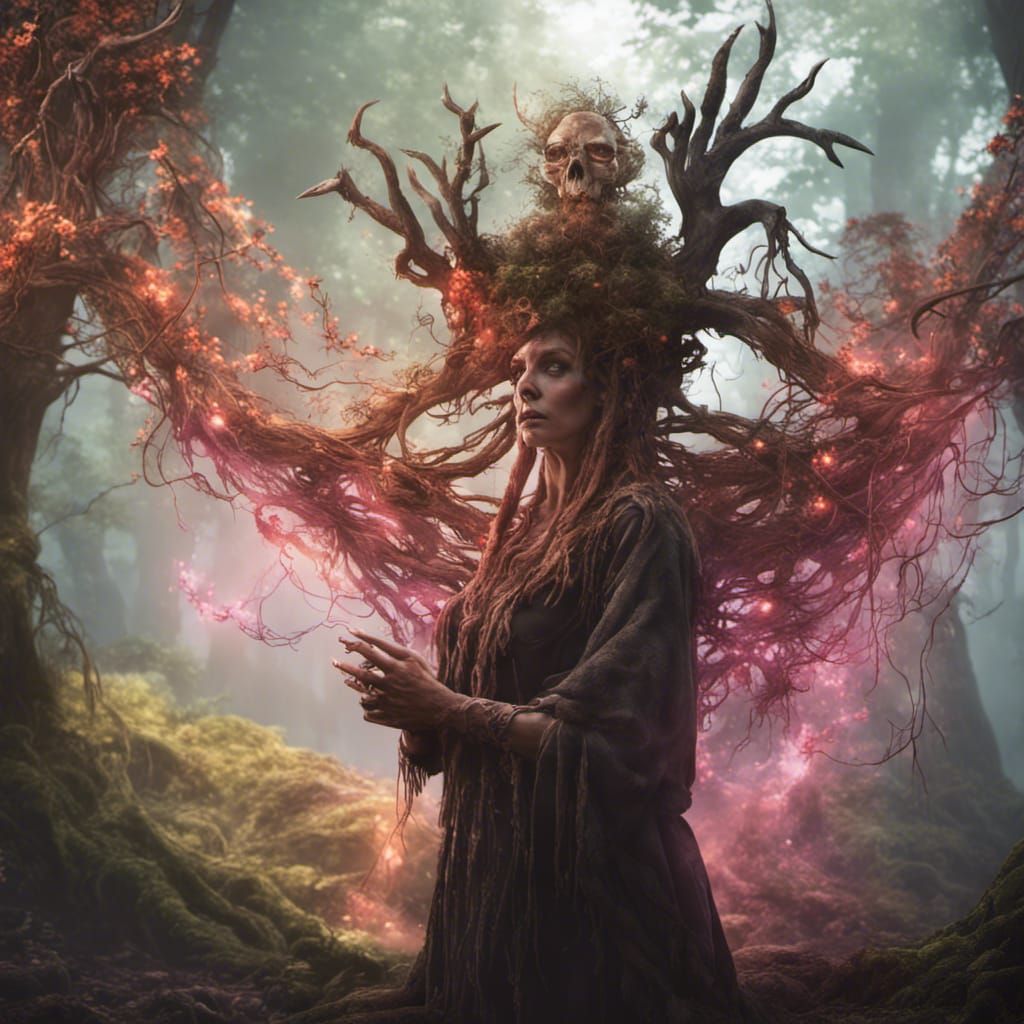 Fantastical Tree Root Witch with Crow Skull
