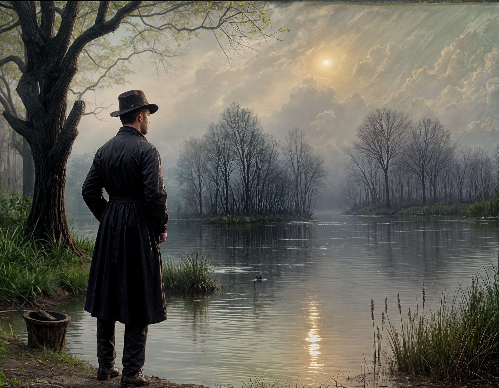 Man in Period Clothing by Misty Lake Under Cloudy Sky