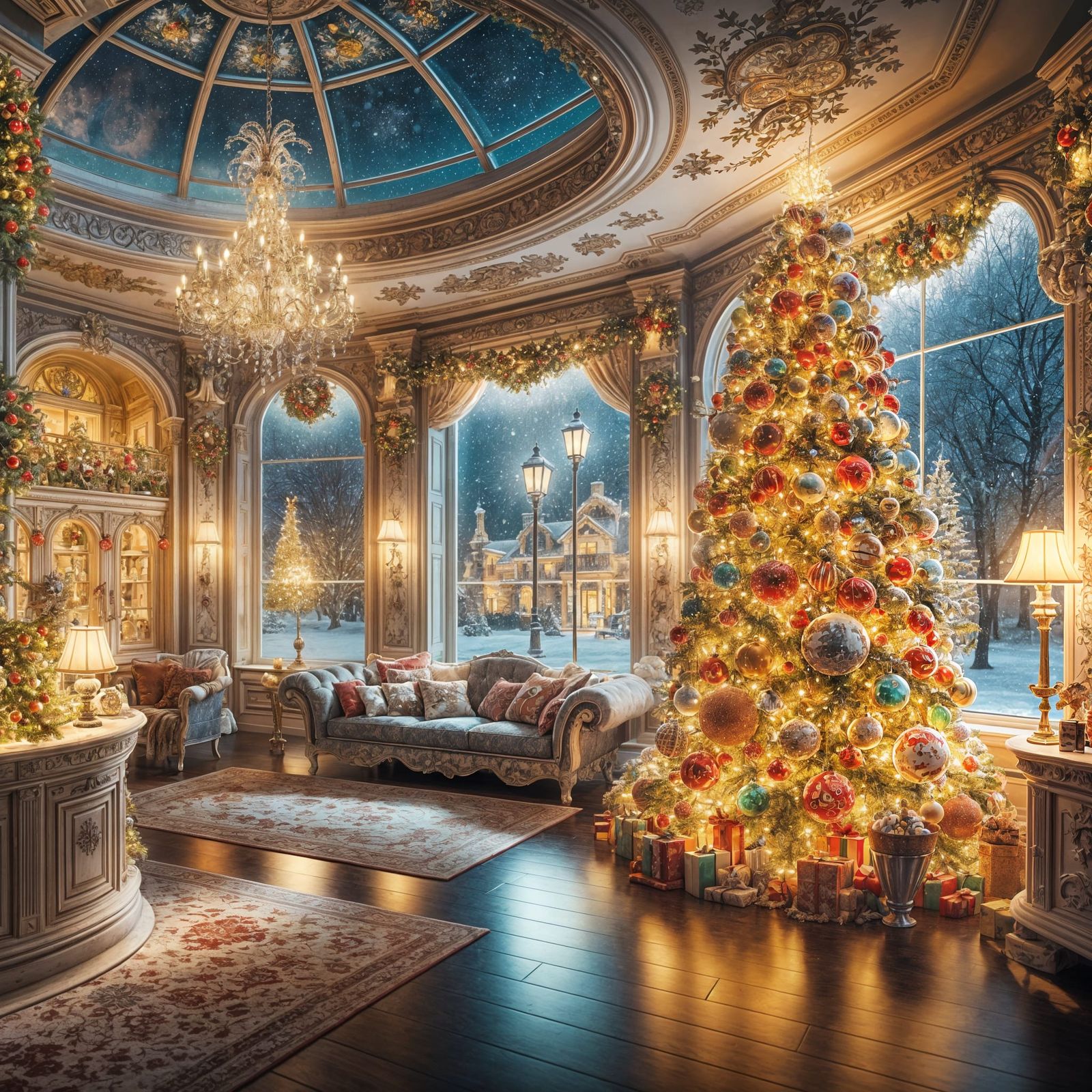 Festive Christmas Living Room with Snowfall