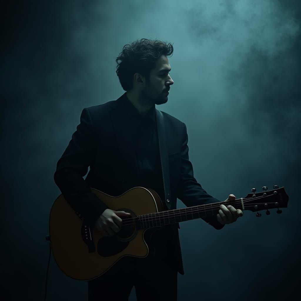 Contemplative Musician with Guitar in Moody Lighting