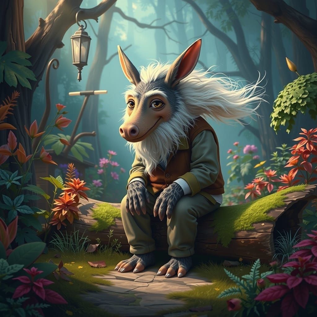 Humorous Aardvark Caricature in Vibrant Garden