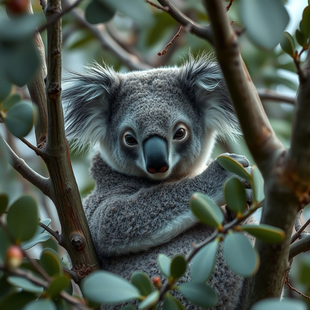 Hyperrealistic Koala in Eucalyptus Tree