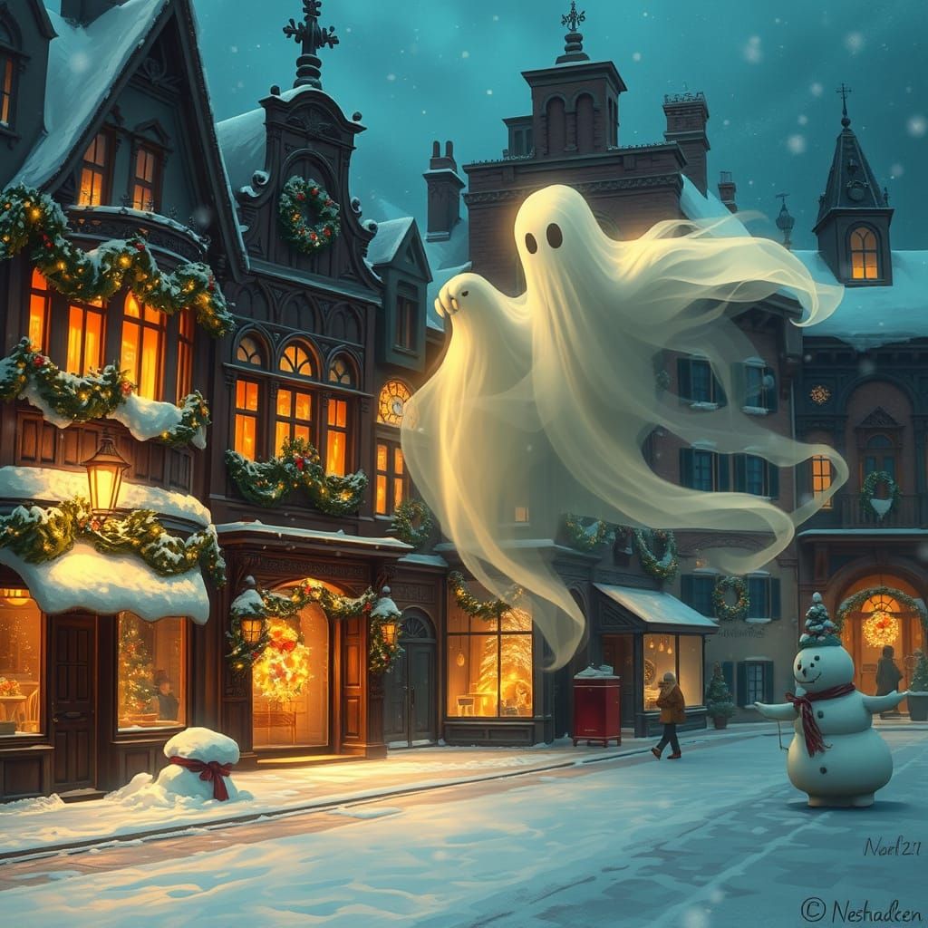 Ethereal Christmas Ghost Illuminates Snowy Victorian Town Sq...