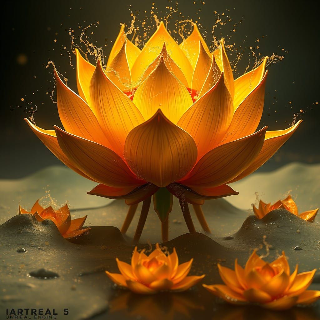 Surreal Fantasy Gold Lotus Blooms in Vibrant Detail