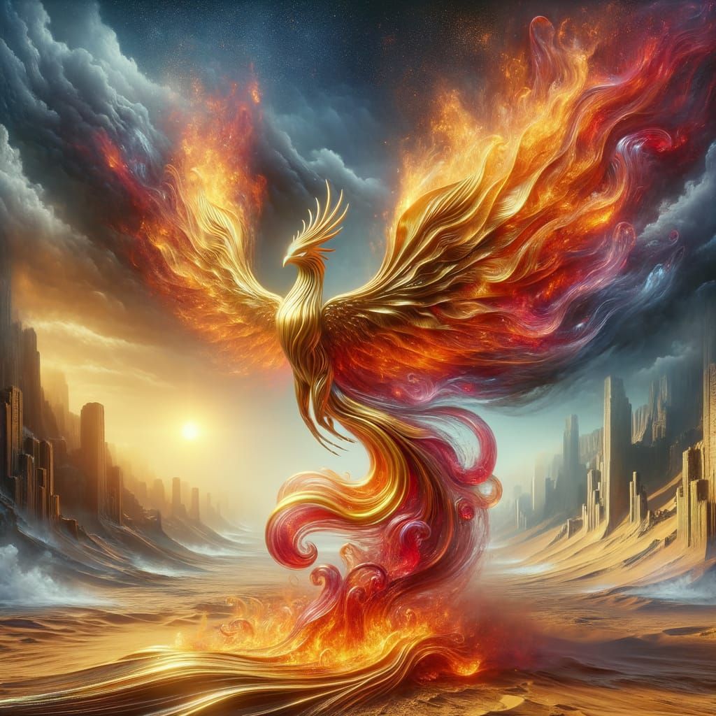 Mystical Phoenix Rising in Dystopian Dreamscape