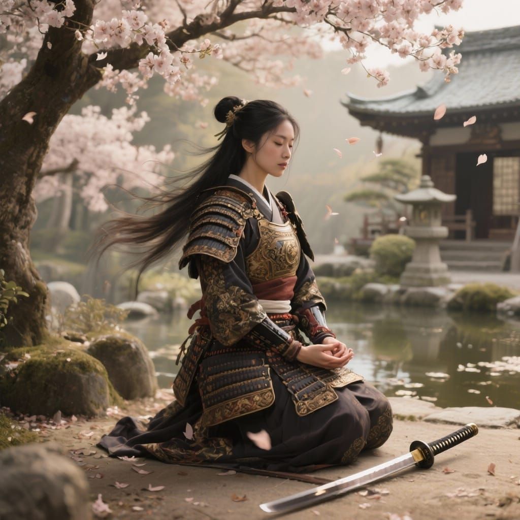 Samurai Woman Meditating Under Sakura Trees in Zen Garden