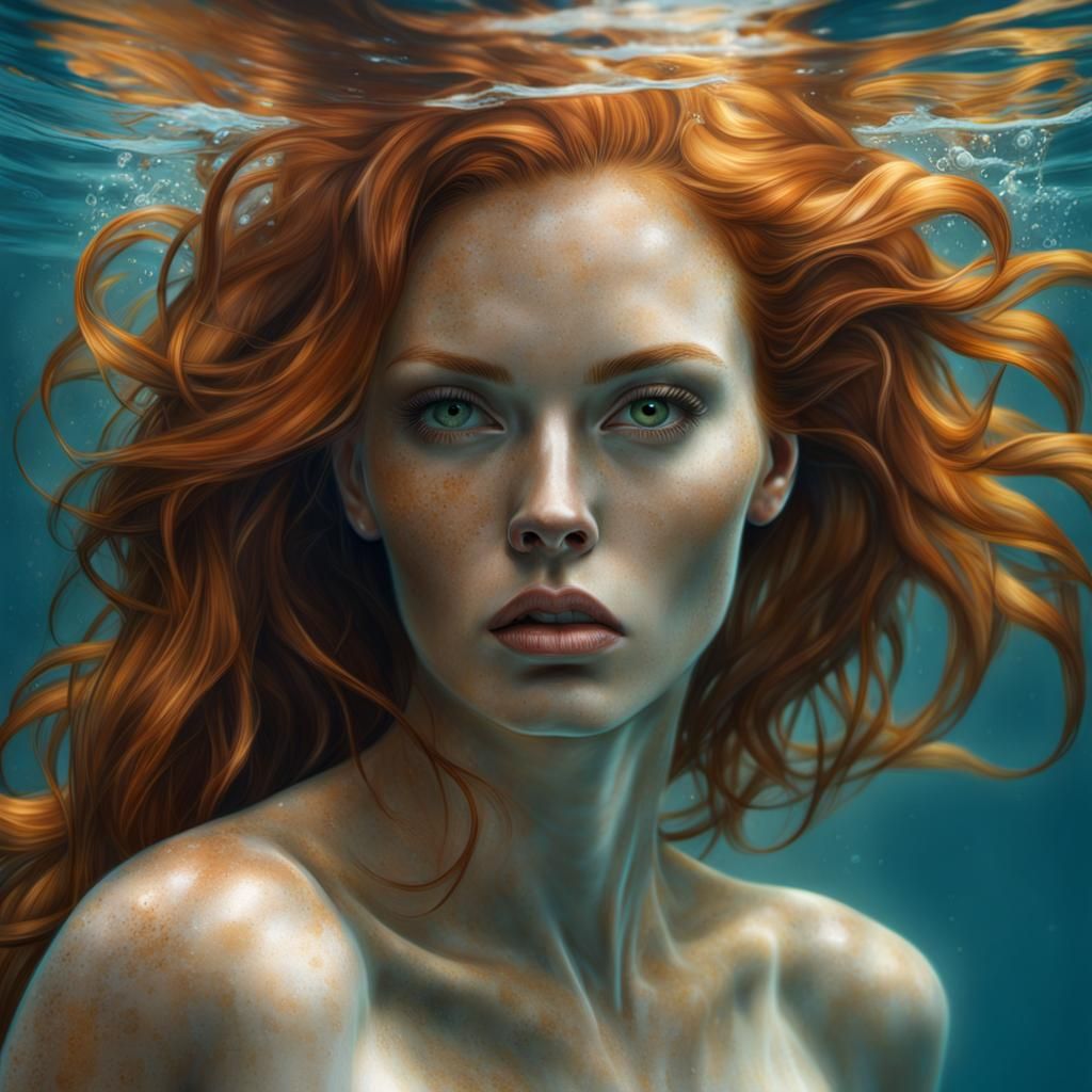 Underwater Ginger Woman: Detailed Realistic Art