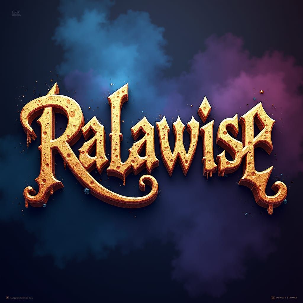 Ralawise in 80s Hair Metal Font with Gold Accents