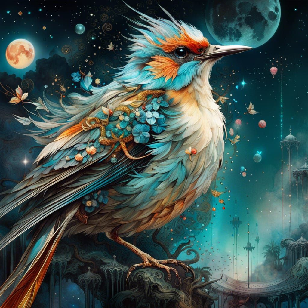 Jeweled Bird in Dreamy Ethereal Landscape
