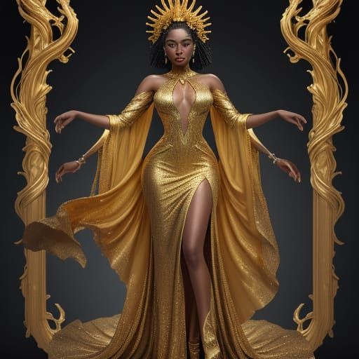 African American Persephone in Liquid Gold Gown