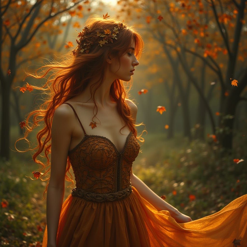 Bronze-Haired Woman in Autumnal Twilight Glade