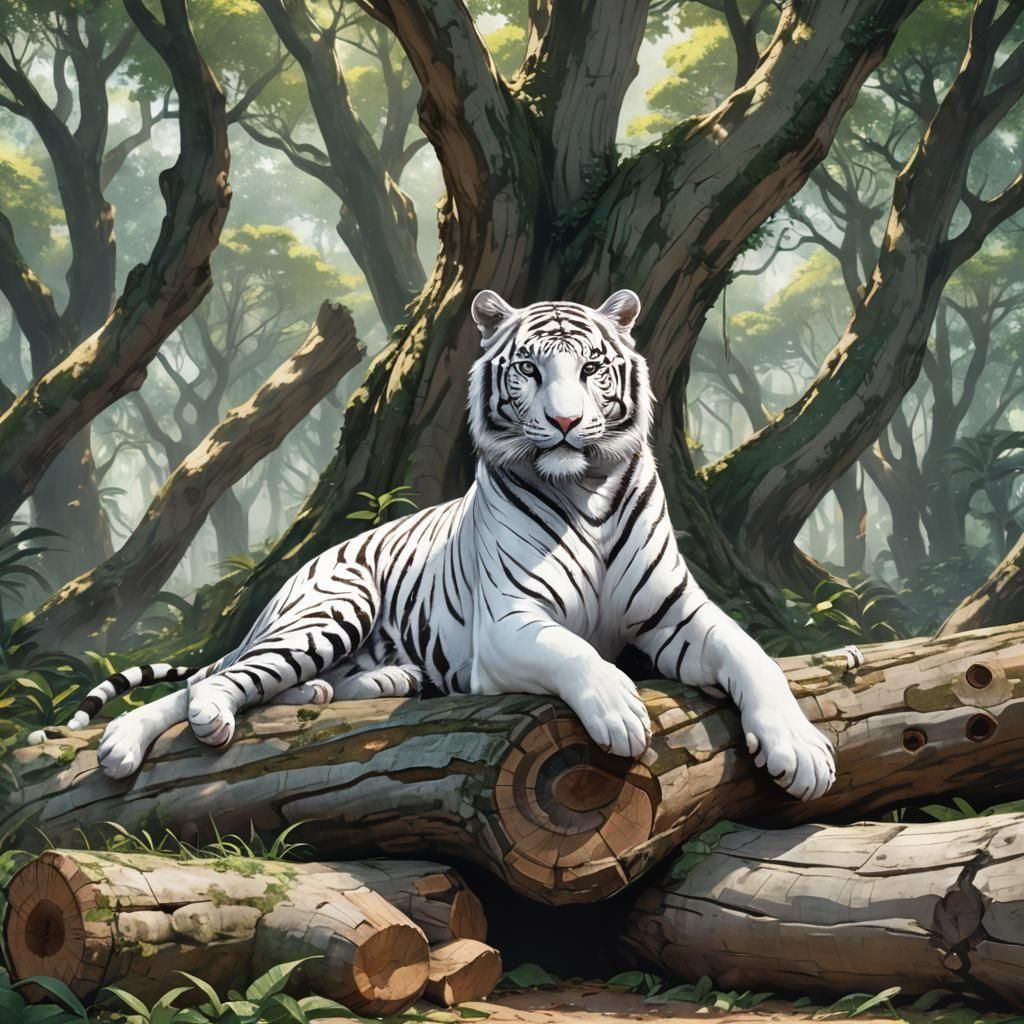 White Tiger in Anime Style Between Tree Trunks