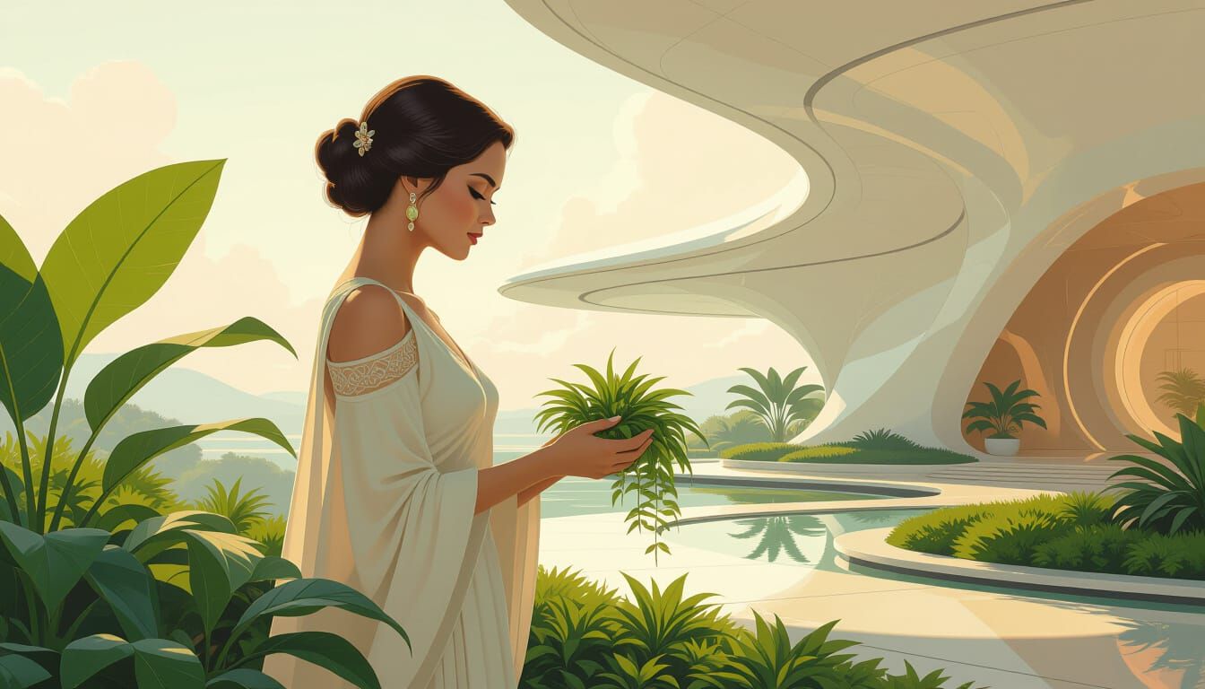 Utopian Future: Serene Woman in Frutiger Architecture