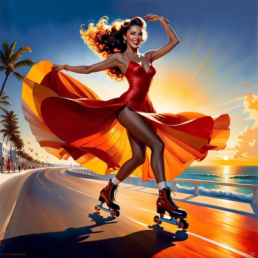 Woman Roller-Skating on Ocean Drive in Pop Art Style