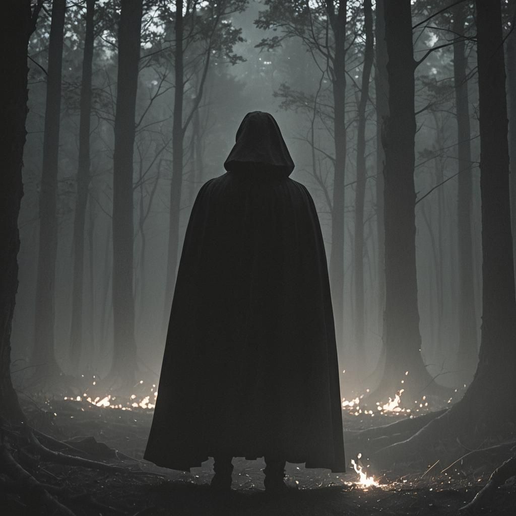 Dark Cloaked Figure in Forest, Cinematic Still