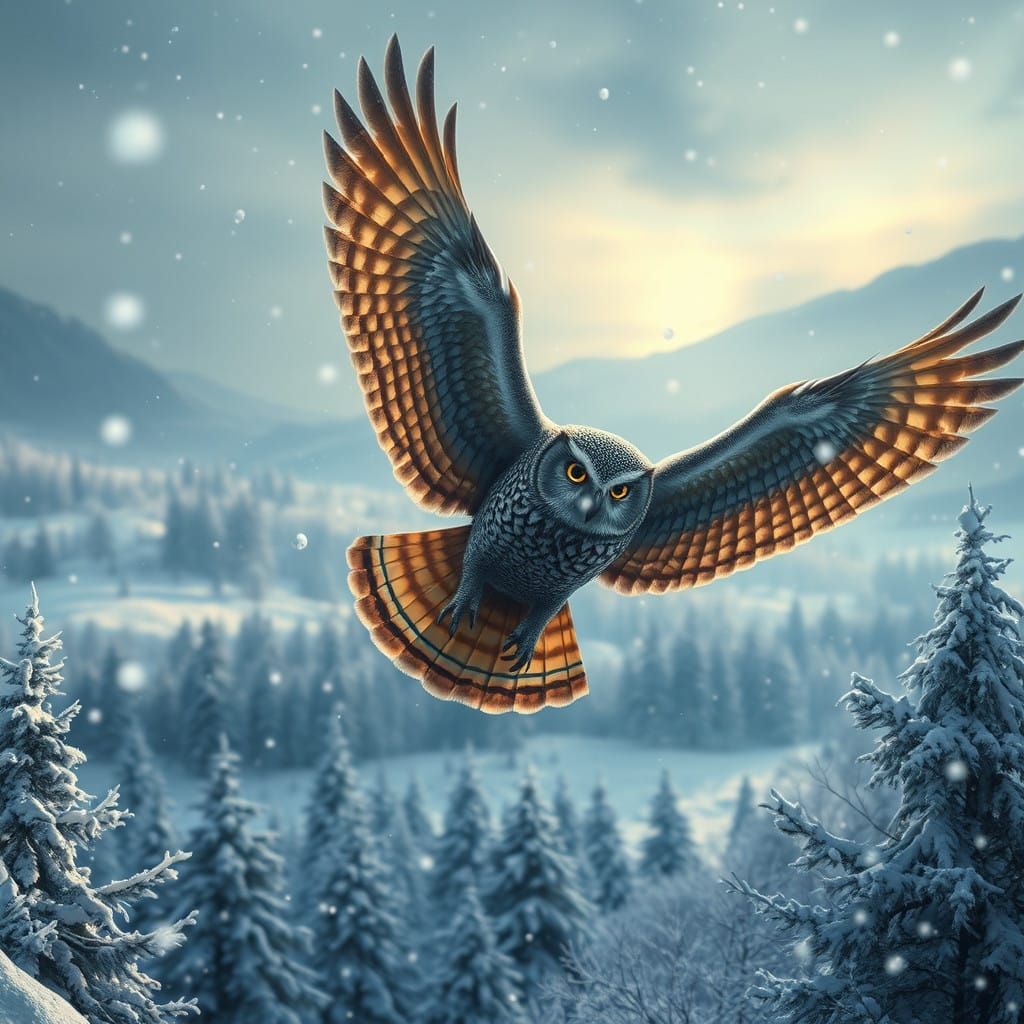 Fantasy Owl Soars Through Winter Wonderland