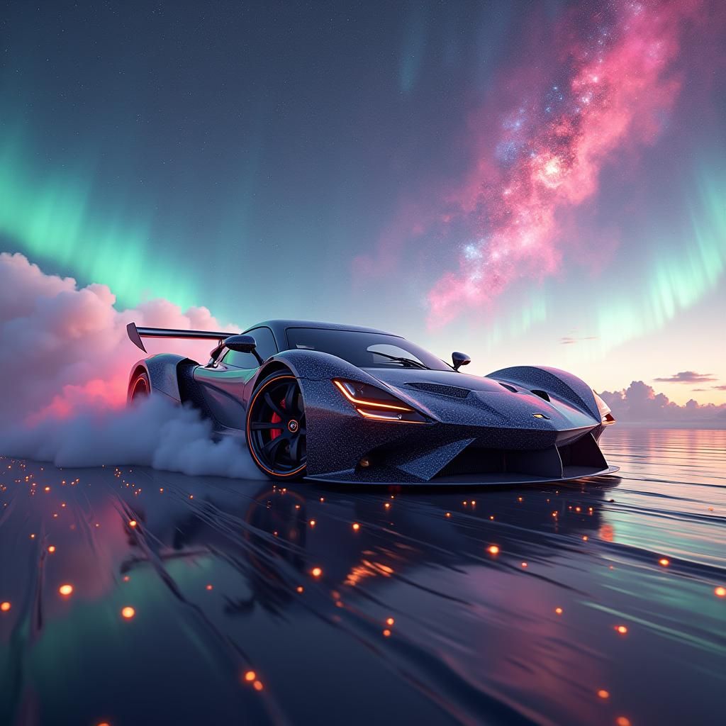 Cosmic Drift: Universe Revealed in Sports Car Smoke