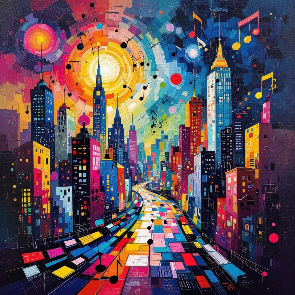 Abstract Cityscape of Musical Notes Pulsating with Light