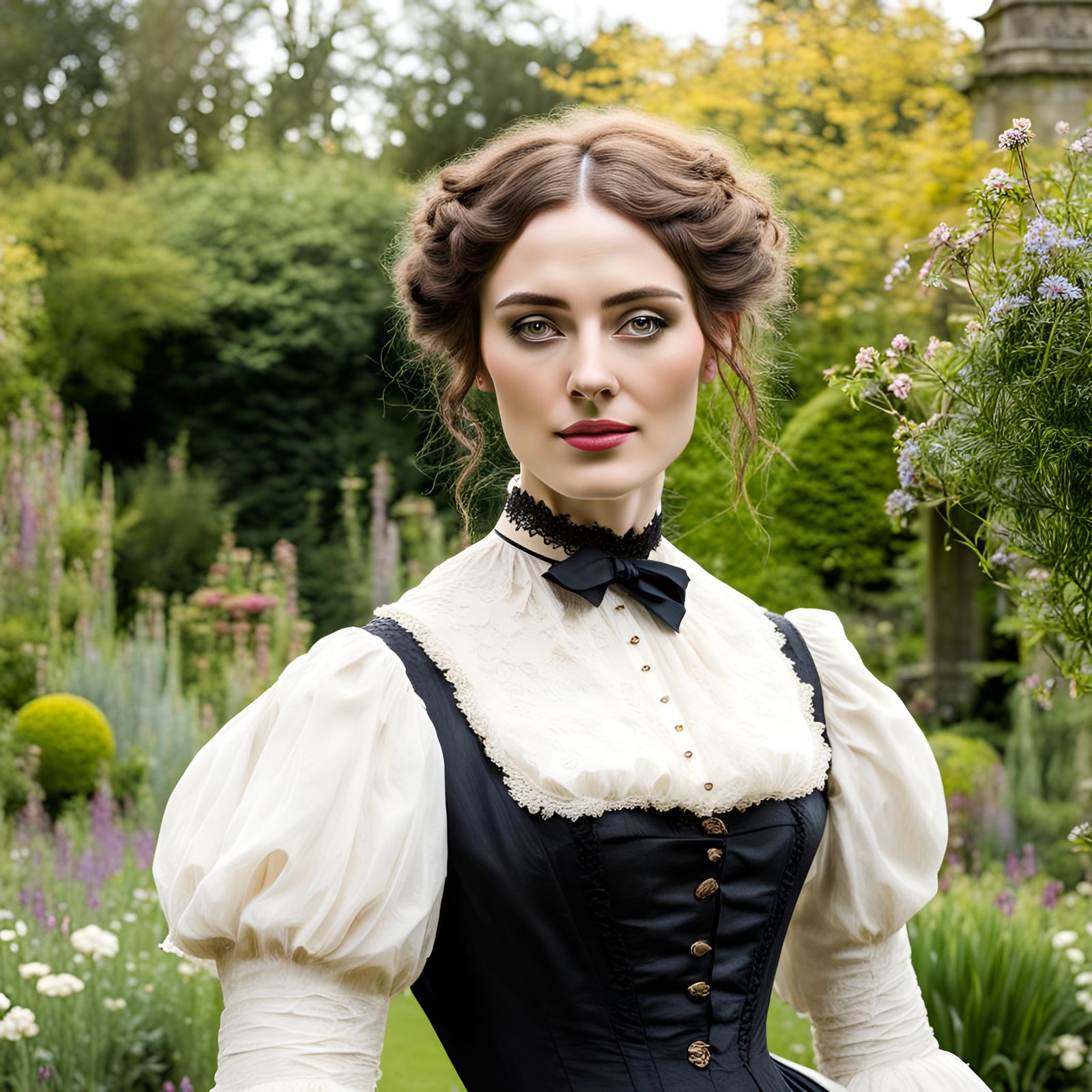 Playful Victorian Woman in Garden Portrait
