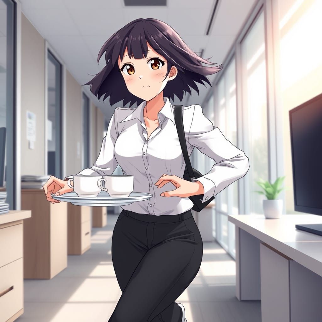 Anime Secretary Rushing with Coffee Cups