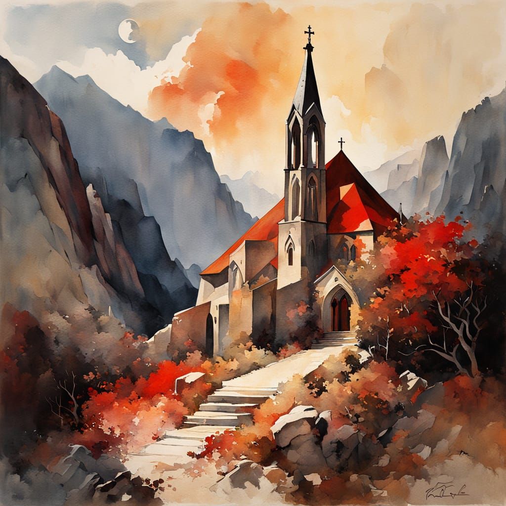 Mountain Chapel: Modern Acrylic Art with Occult Elements