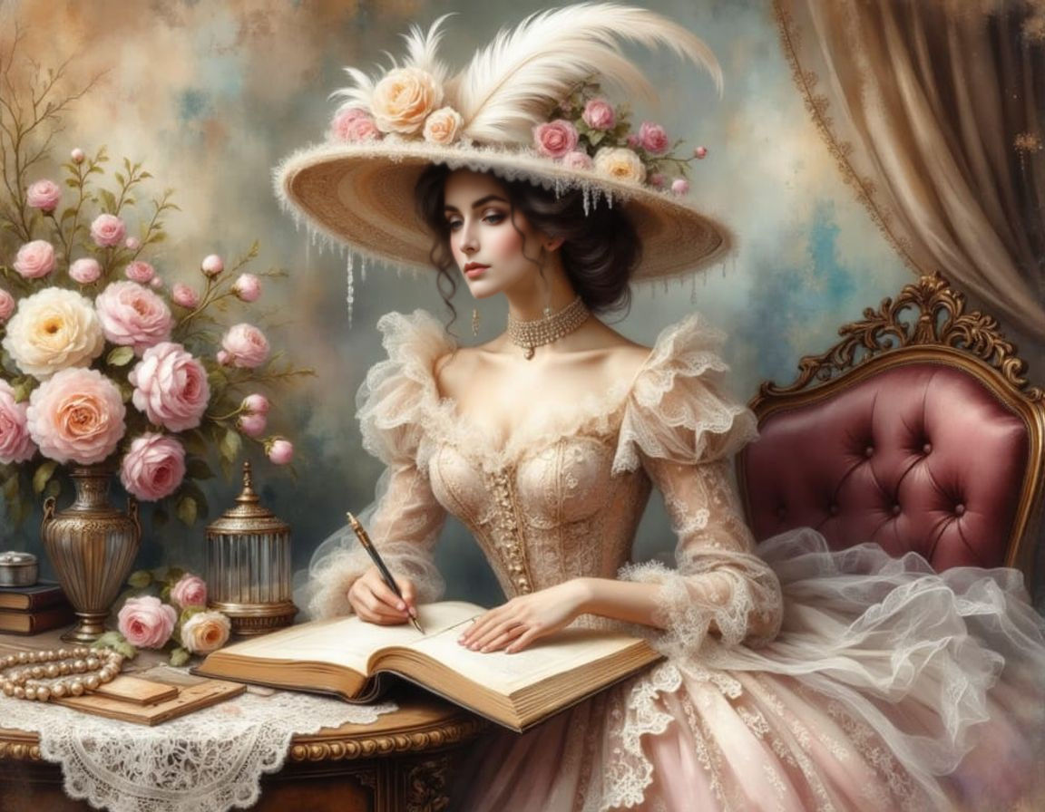 Victorian Woman with Feather Pen in Vintage Setting