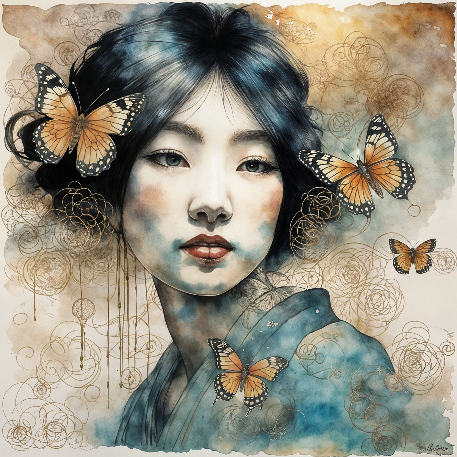 Ethereal Japanese Beauty Admires Butterfly at Dawn