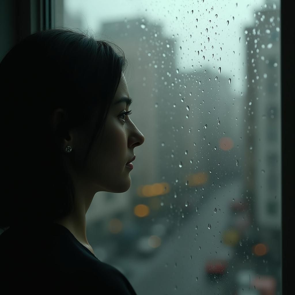 Melancholic Figure Gazing Through Rainy Window