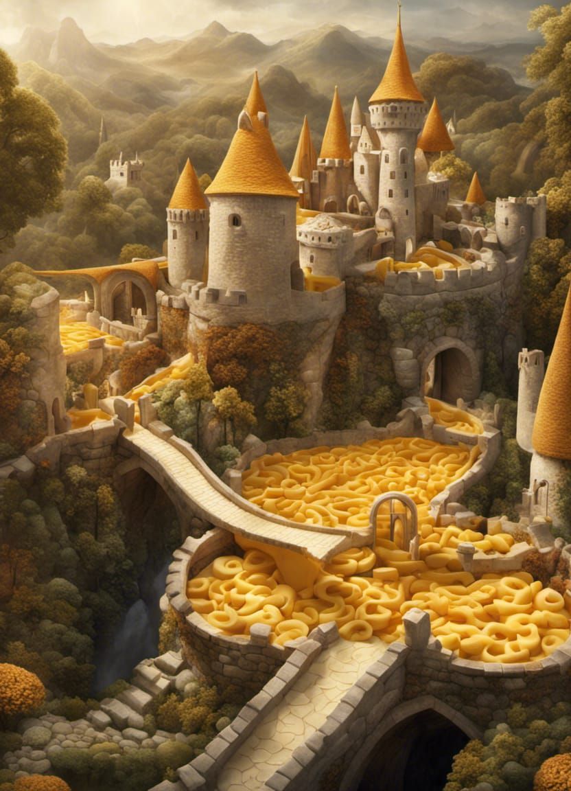 Whimsical Cheese Maze with Cheddar Castle, Digital Art
