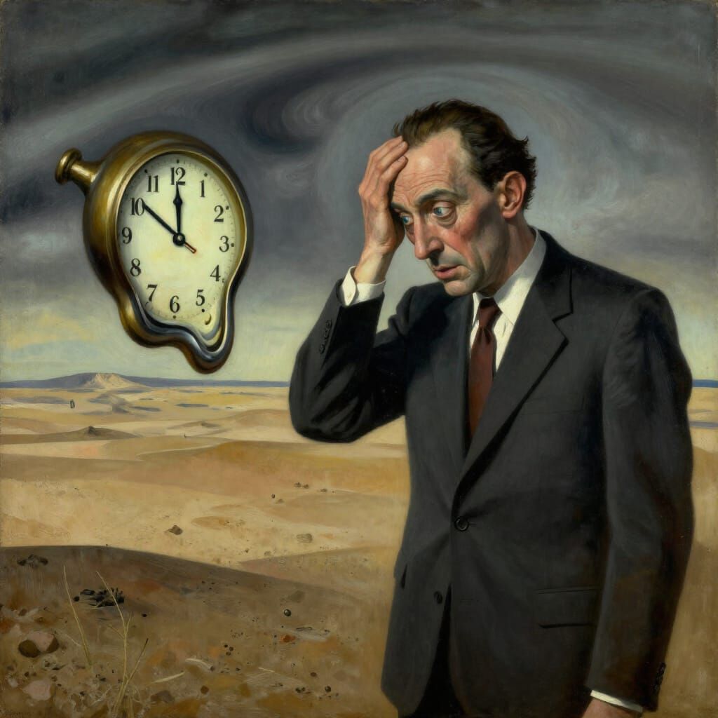 Surreal Businessman and Melting Clock Oil Painting