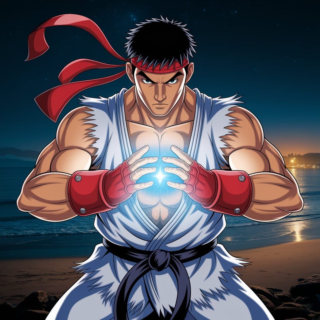 Ryu Prepares Hadouken on Night Beach