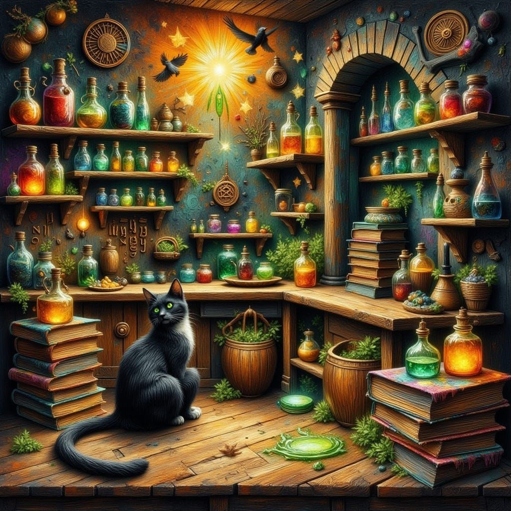Enchanted Witch's Kitchen with Cat, Oil Paint Style