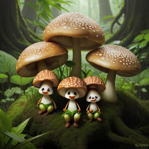Cute Anthropomorphic Mushrooms in Lush Ancient Forest