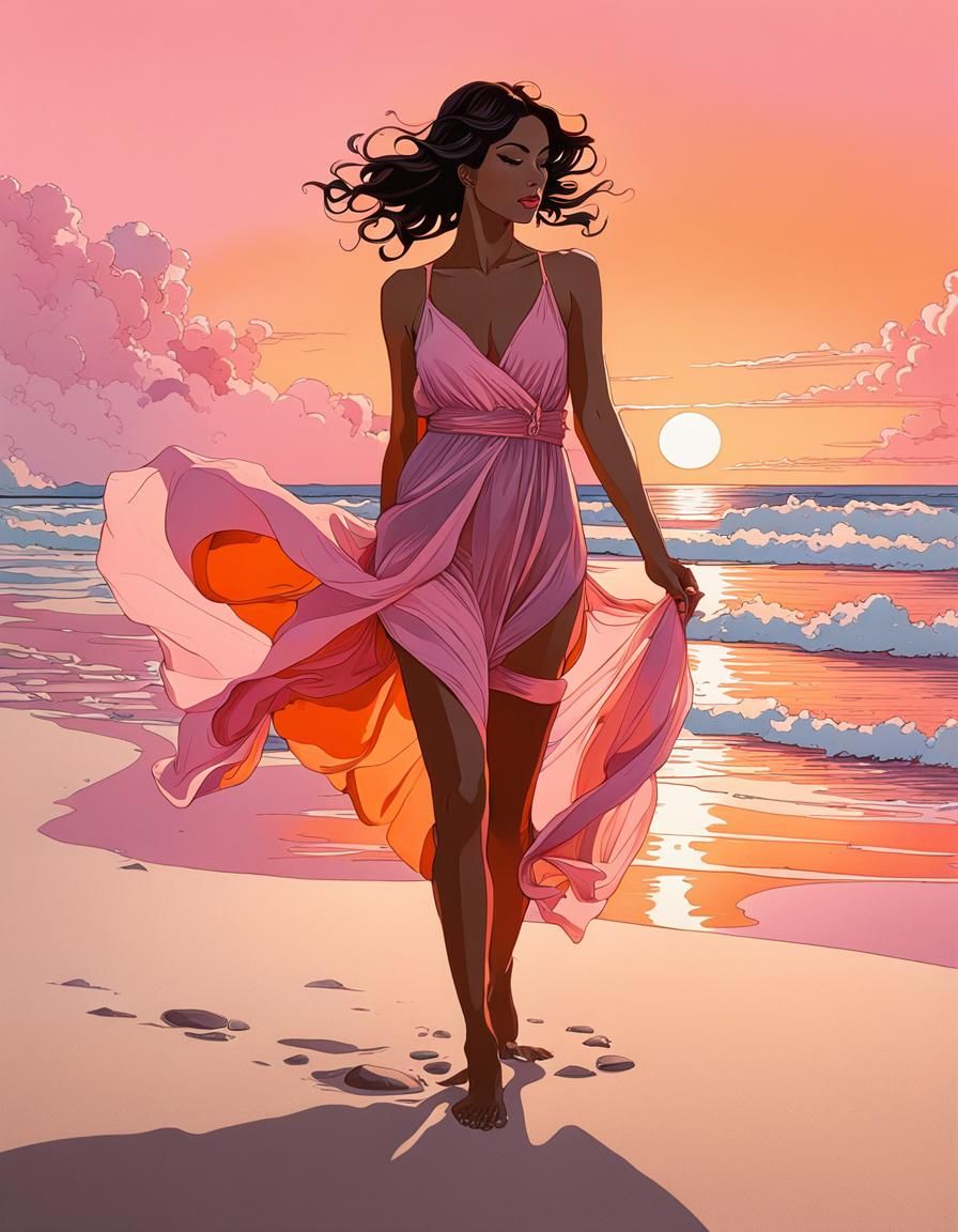 Beach at Dawn: Alphonse Mucha-Style Ink Drawing