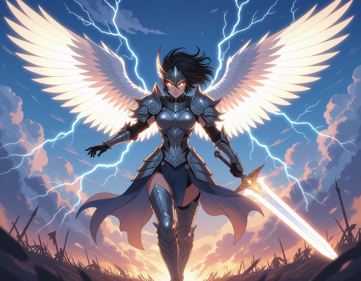 Anime Valkyrie Descends on Battlefield with Glowing Sword
