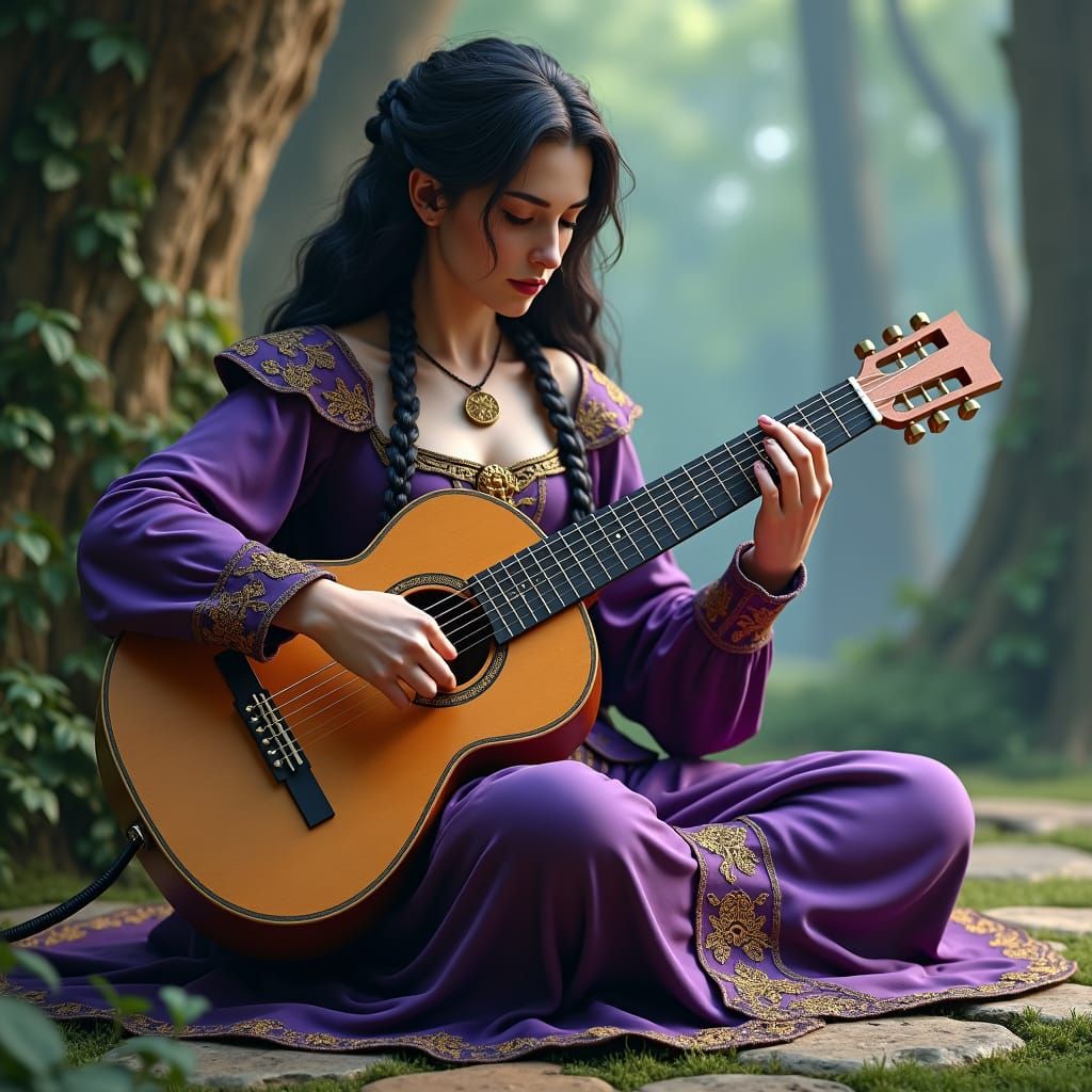 brunette woman braided hair purple medieval dress cross legg...